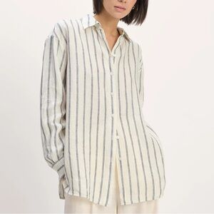 Everlane Linen Boyfriend Button Up Oversize Shirt Bone Navy Long Sleeve XS